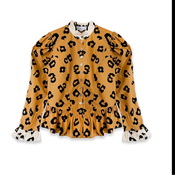 BURU Tops - NWOT BURU Peplum Puff Sleeve Button Down in Tan leopard Size s